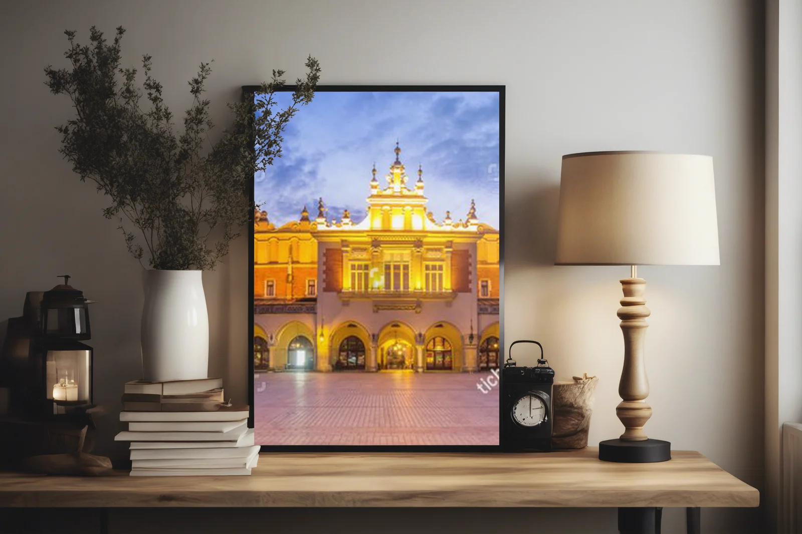 Nocna panorama Sukiennic z niebieskimi akcentami