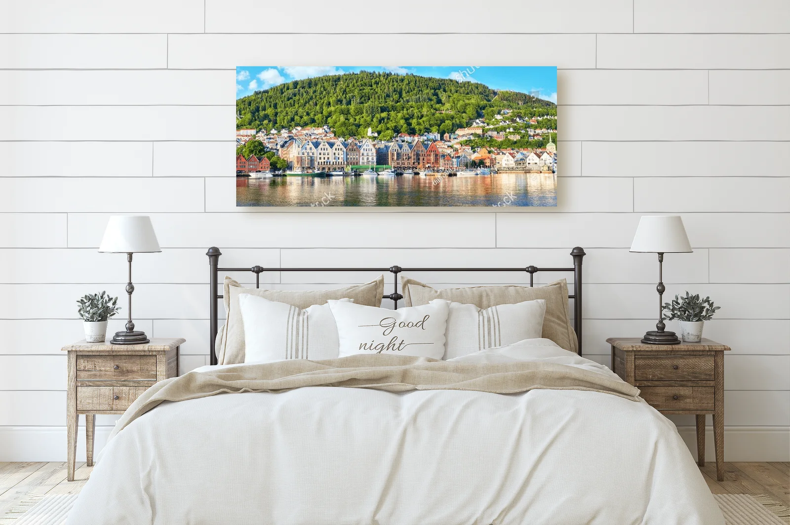 Panorama letniego portu Bryggen w Bergen, Norwegia
