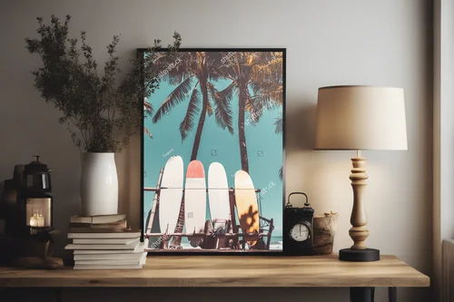 Tropikalny raj z deską surfingową i palmą