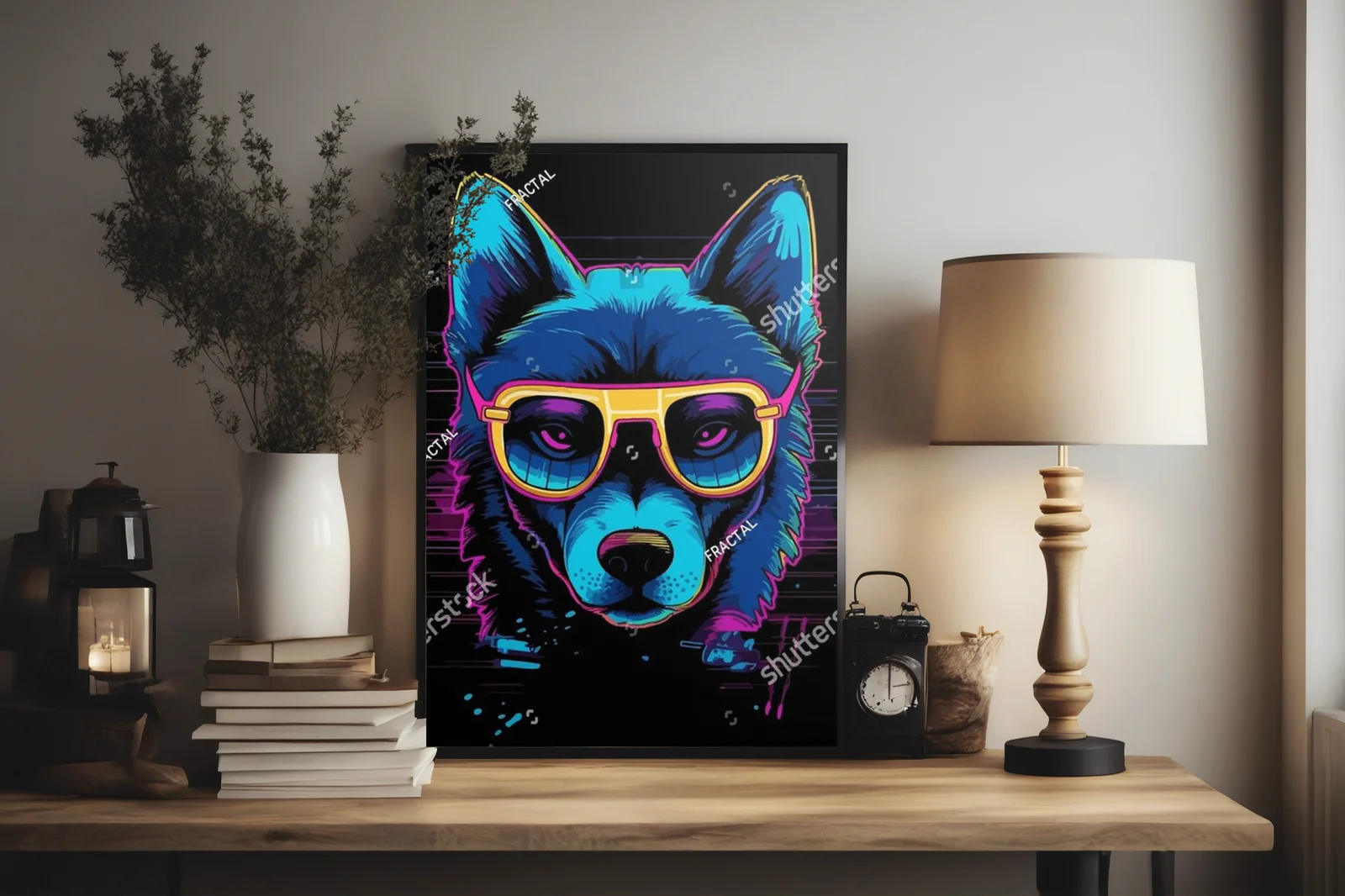 Neonowy pies w stylu lat 80. – artystyczna kompozycja