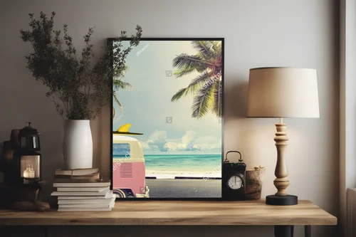 Retro samochód na plaży z deską surfingową