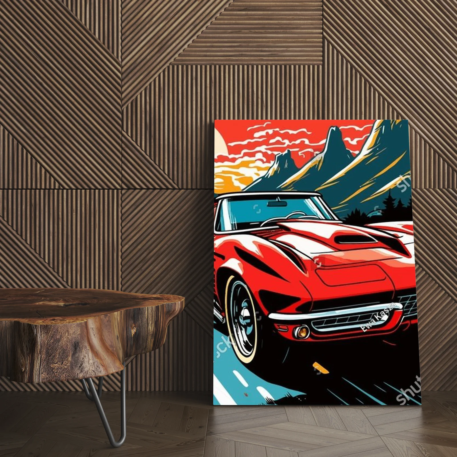 Retro wyścigowe auto na tle kolorowych pejzaży