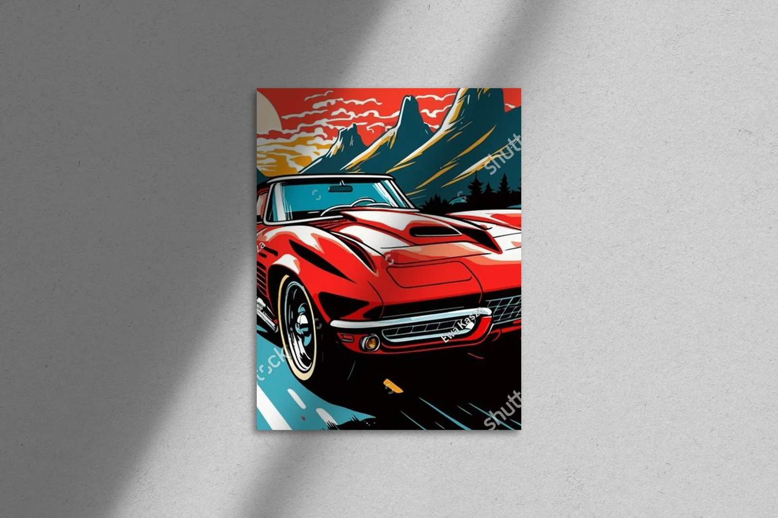 Retro wyścigowe auto na tle kolorowych pejzaży