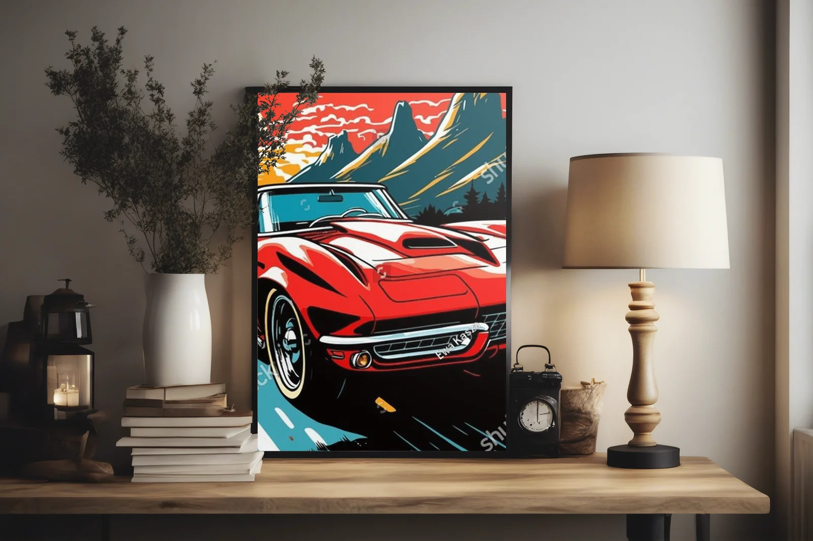 Retro wyścigowe auto na tle kolorowych pejzaży