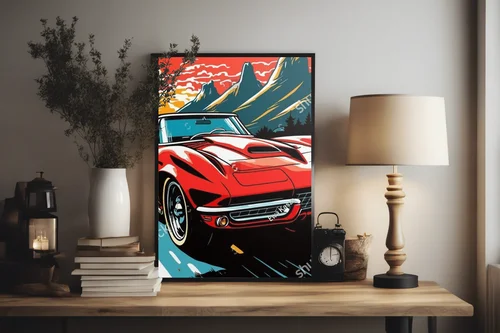 Retro wyścigowe auto na tle kolorowych pejzaży