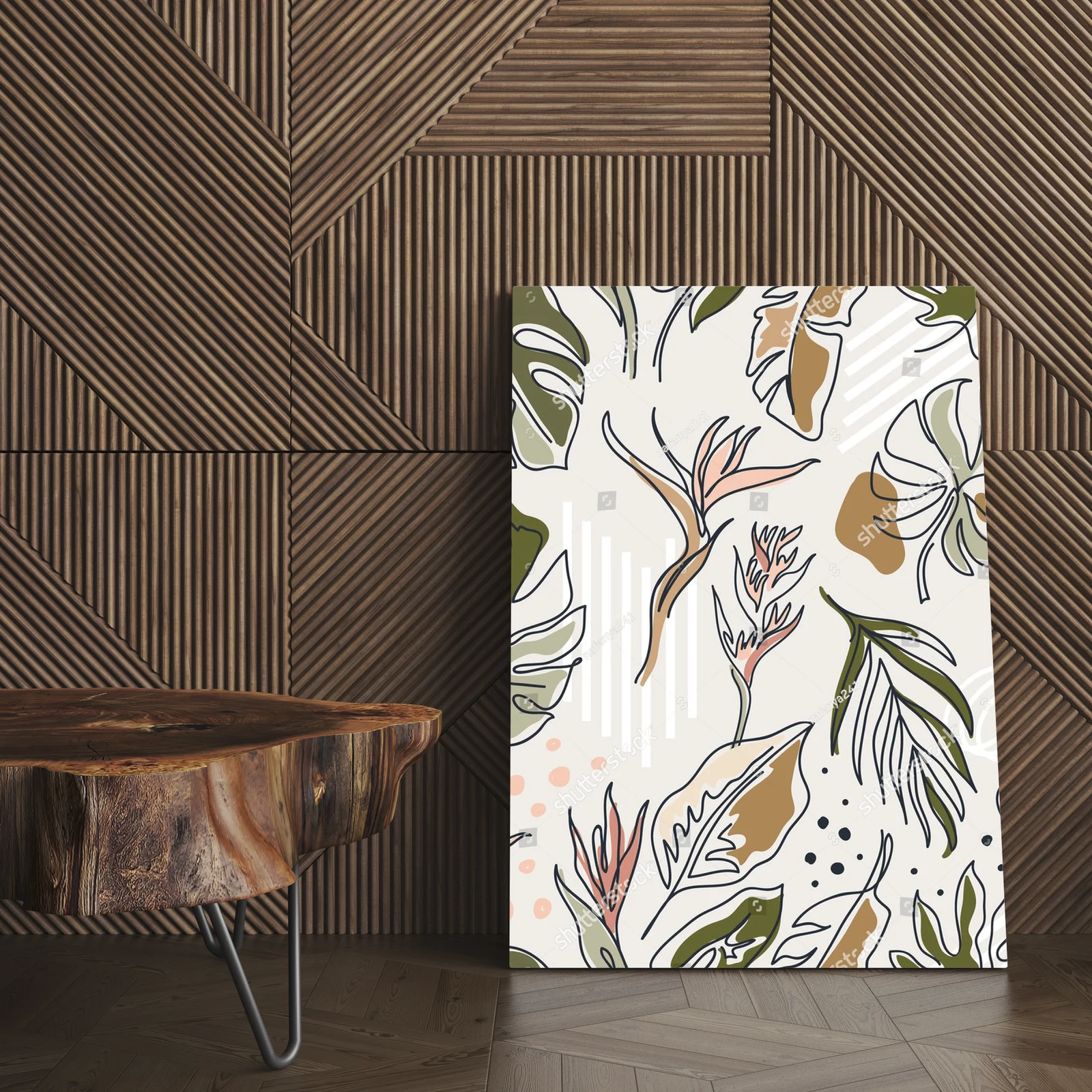 Boho kompozycja z liśćmi monstera w pastelowych tonach
