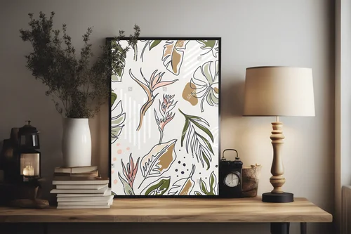 Boho kompozycja z liśćmi monstera w pastelowych tonach