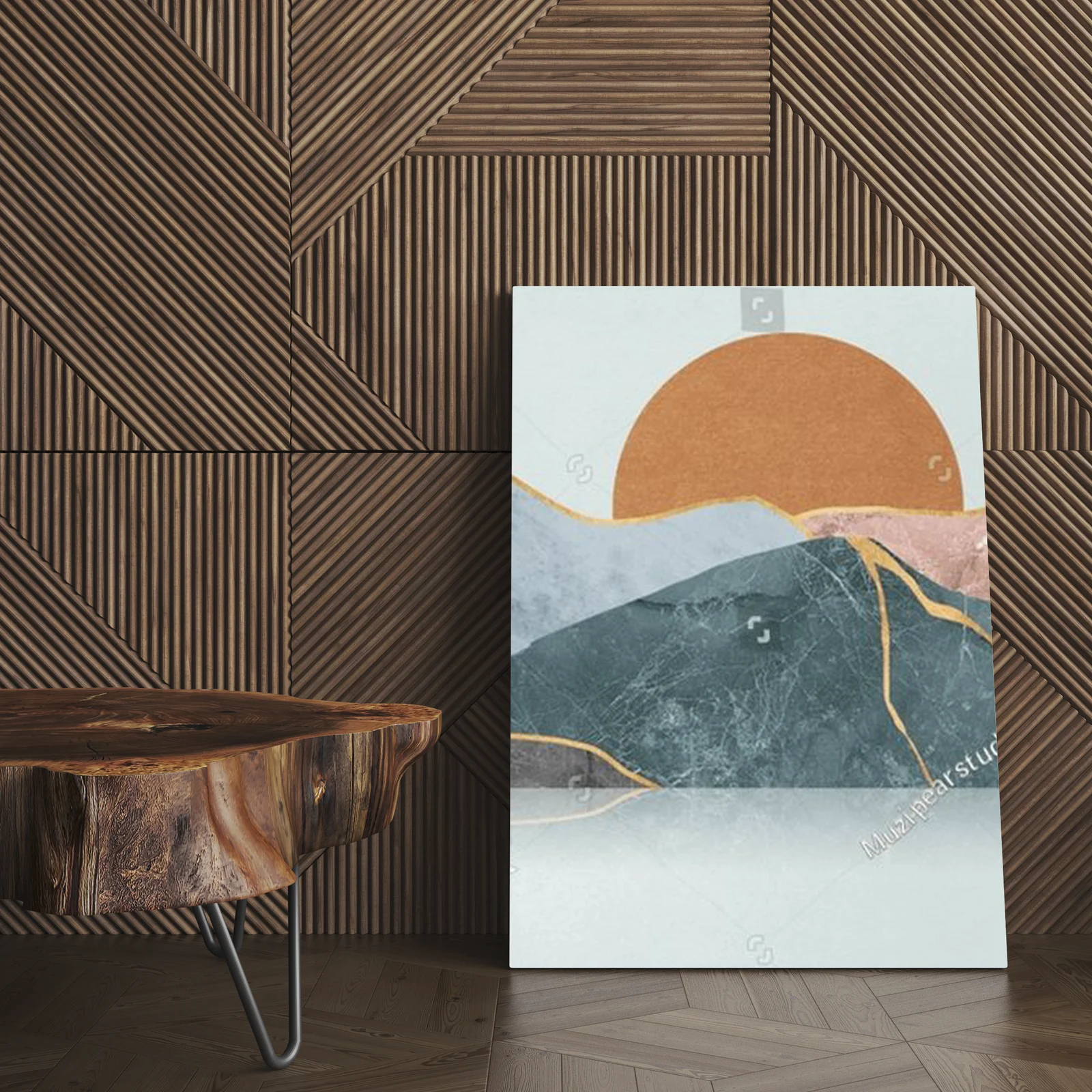 Geometryczne obrazy gór i morza w pastelowych tonach