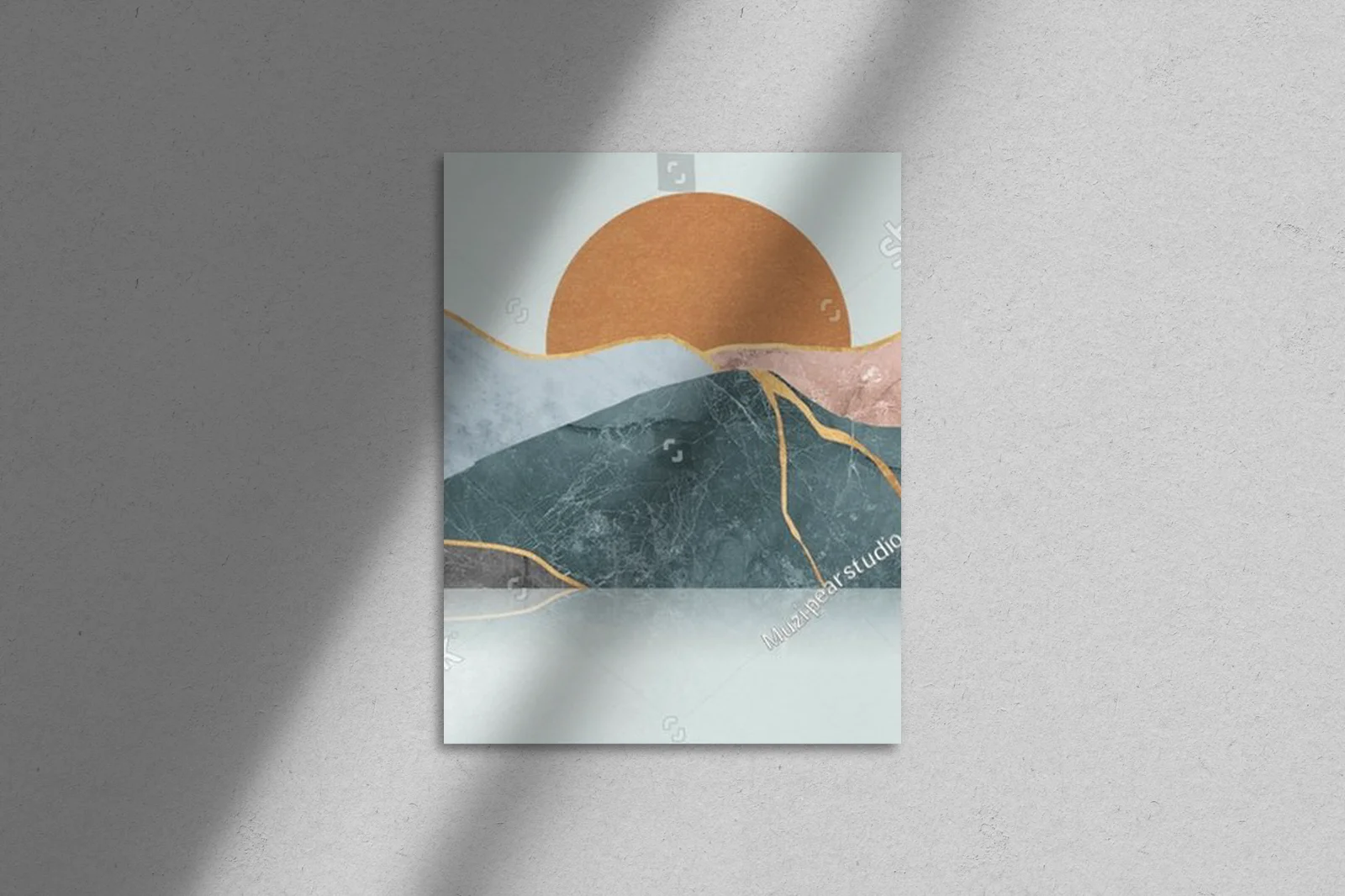 Geometryczne obrazy gór i morza w pastelowych tonach