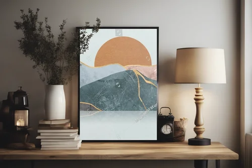 Geometryczne obrazy gór i morza w pastelowych tonach