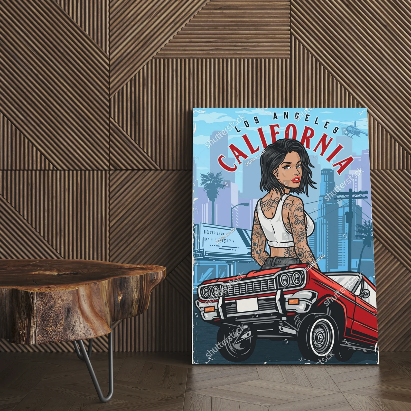 Kolorowy plakat z hot girl za kółkiem w stylu vintage