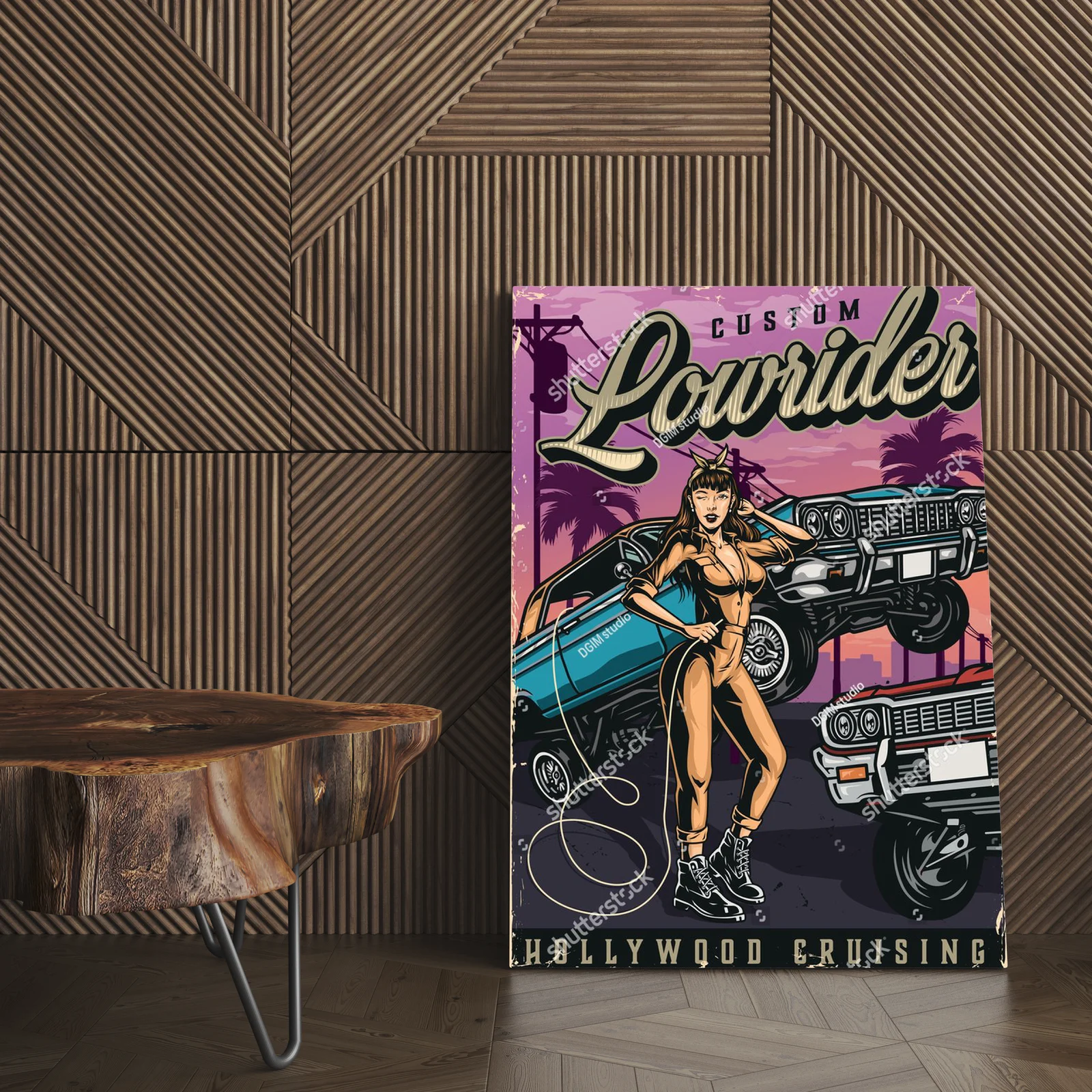 Kolorowy plakat w stylu retro z amerykańskimi lowriderami