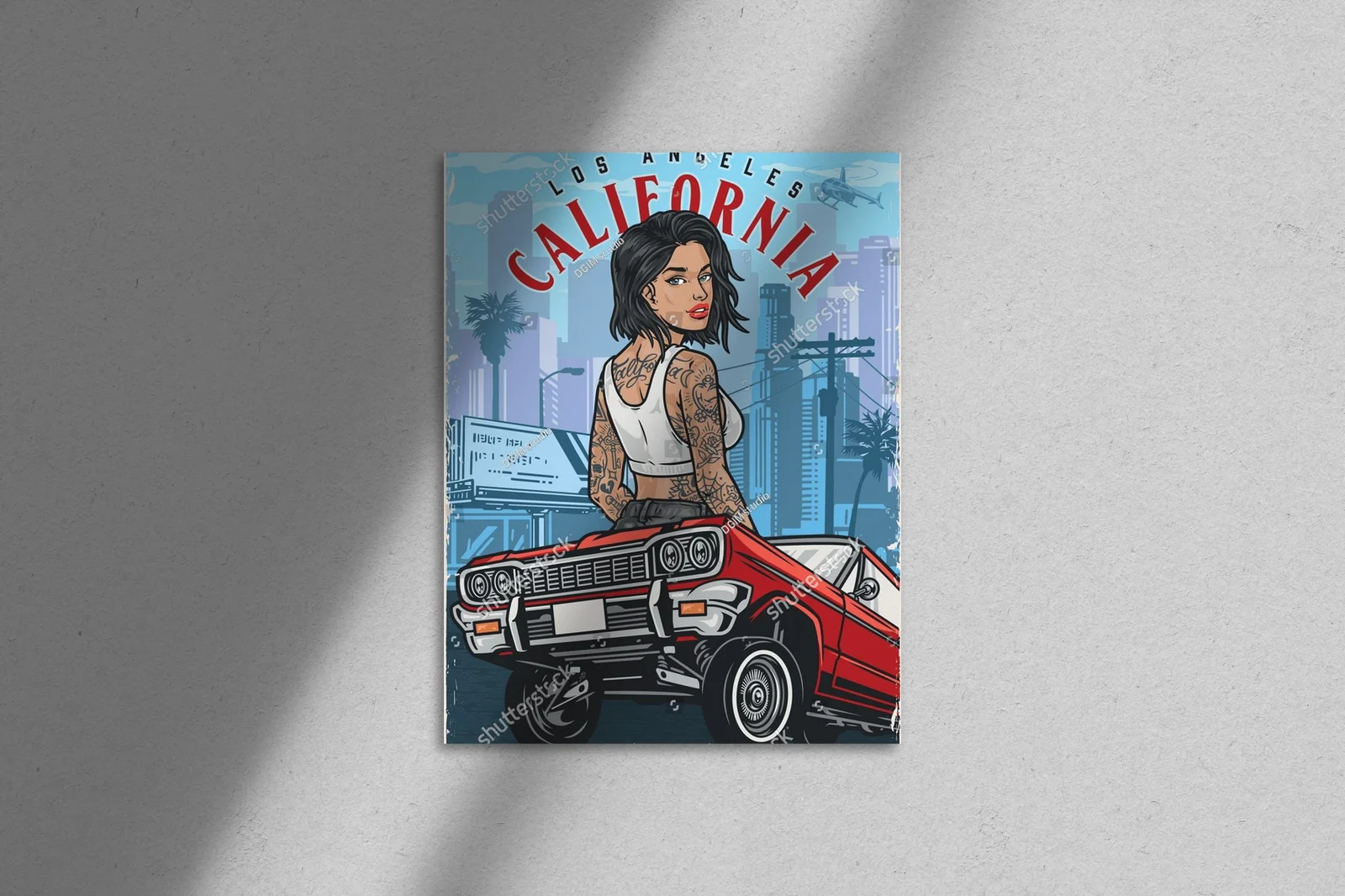 Kolorowy plakat z hot girl za kółkiem w stylu vintage