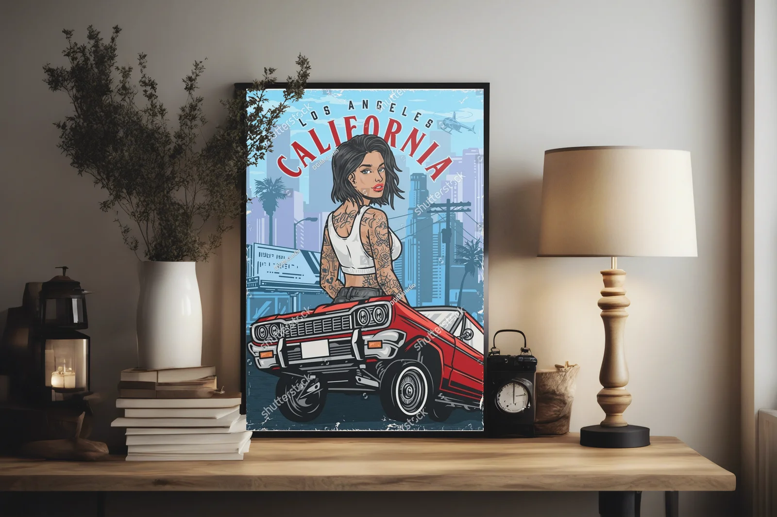 Kolorowy plakat z hot girl za kółkiem w stylu vintage