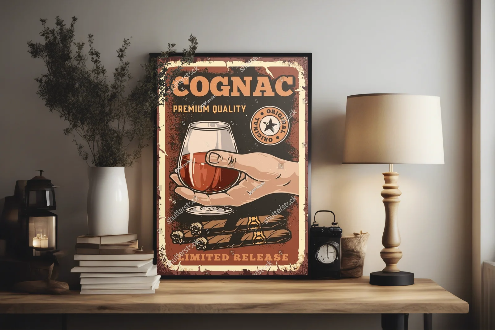 Retro kompozycja z winem i cygarami w bogatych kolorach