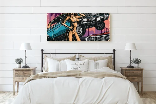 Kolorowy plakat w stylu retro z amerykańskimi lowriderami