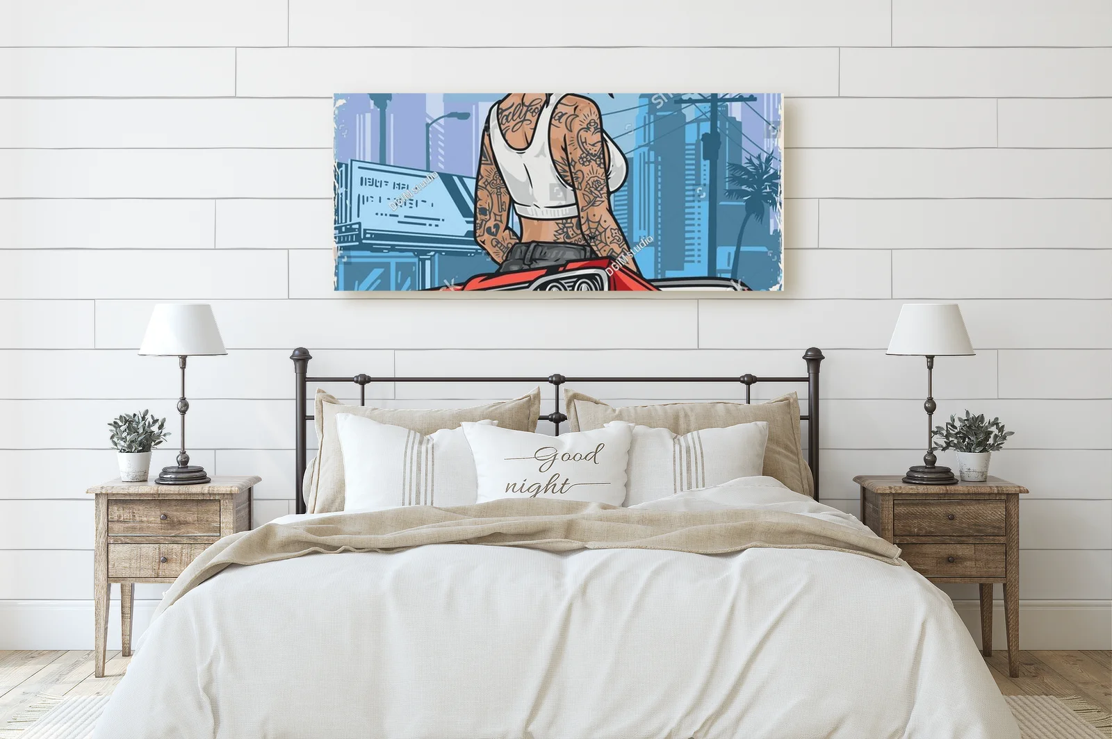 Kolorowy plakat z hot girl za kółkiem w stylu vintage