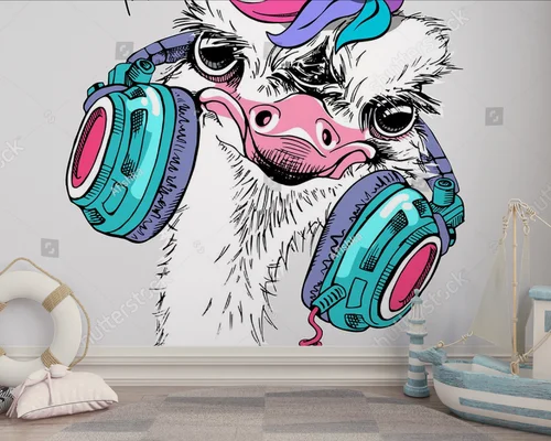 Zabawna strusia głowa w słuchawkach i tęczowym rogu - wizualizacja