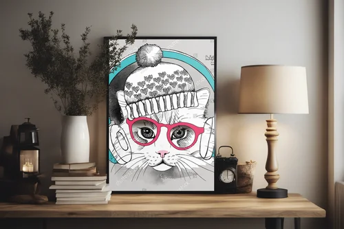 Hipsterski kot w słonecznych okularach i słuchawkach