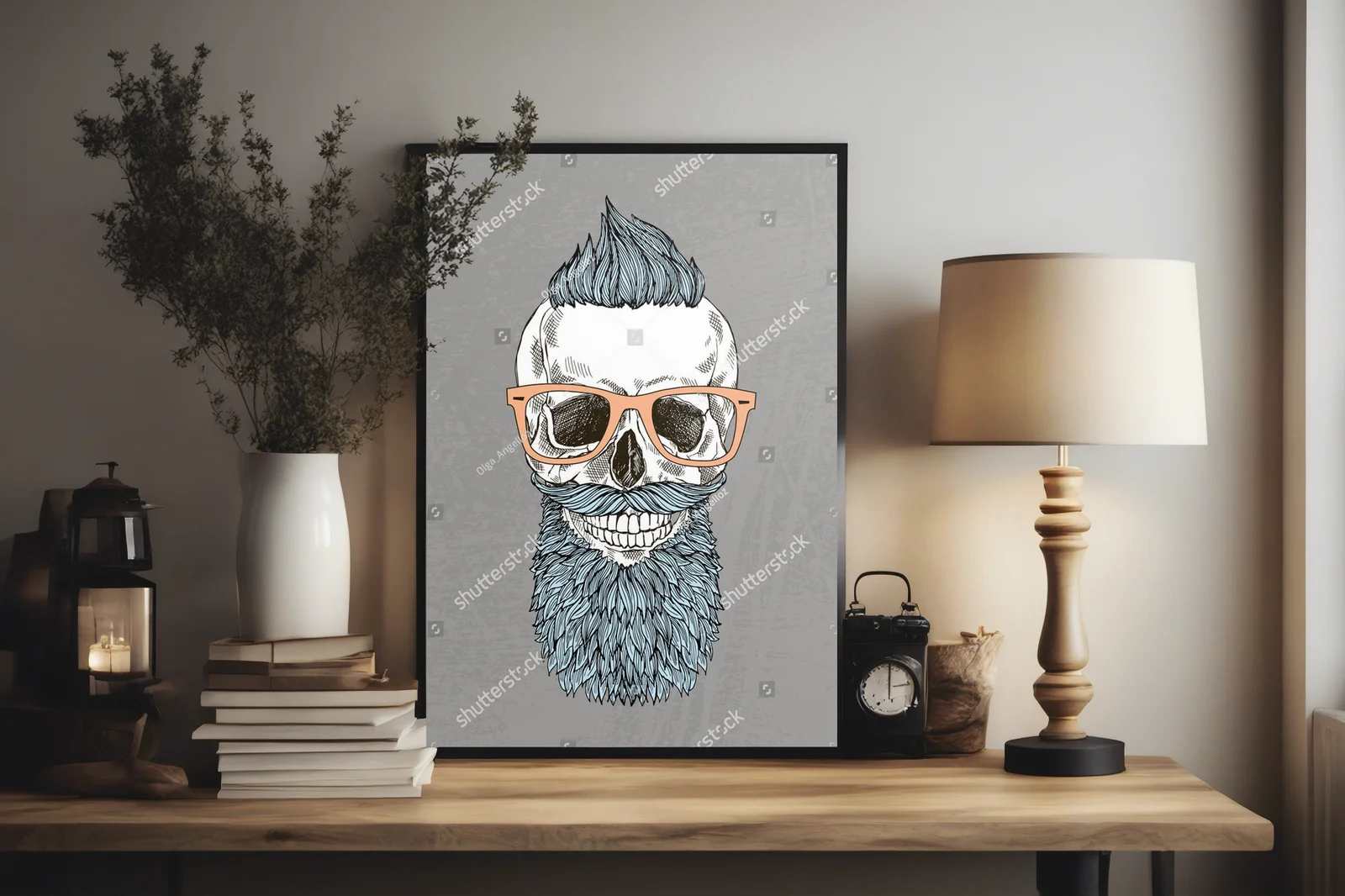Hipsterski szkic z brodatą czaszką w retro stylu