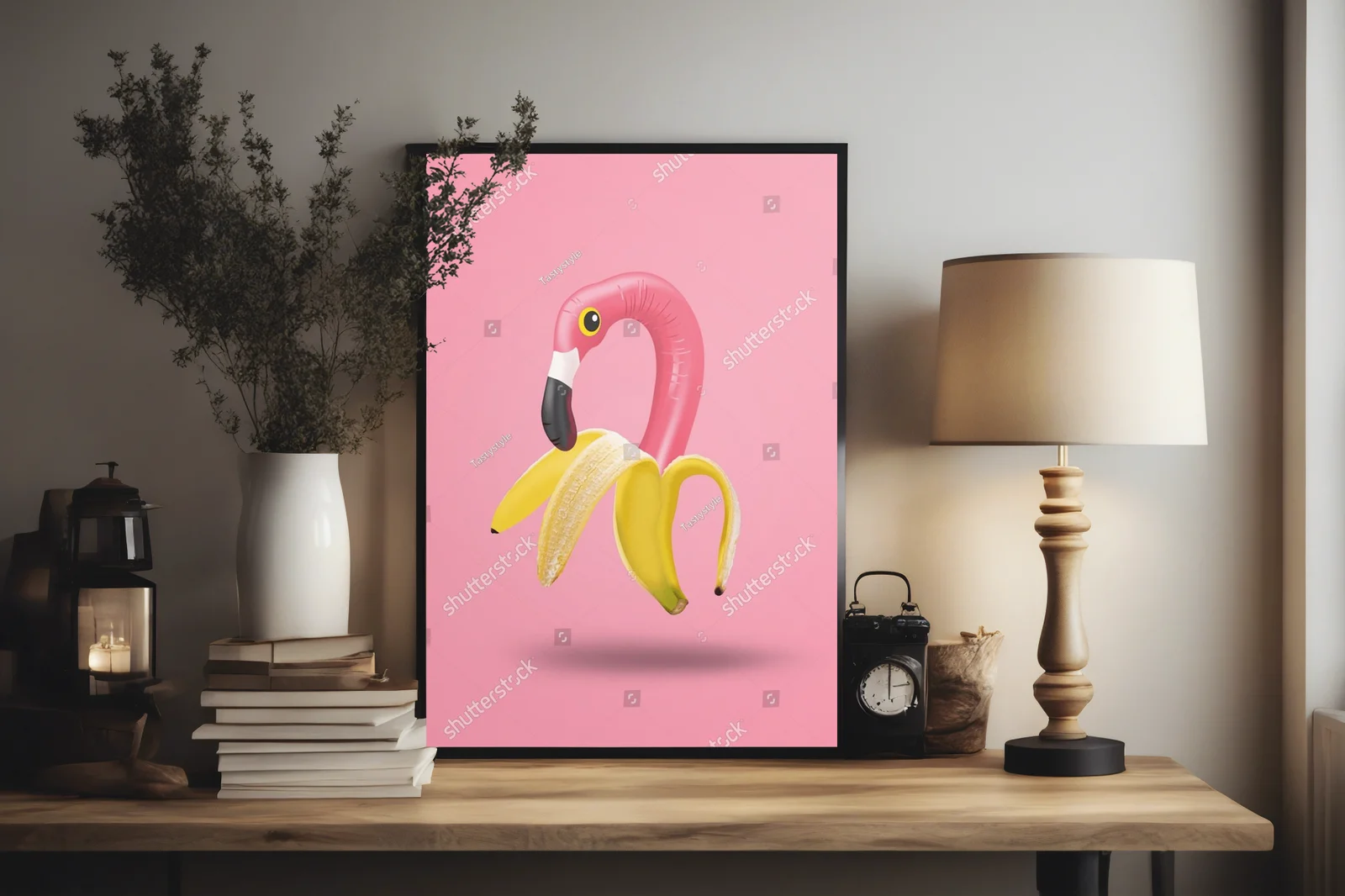 Radosny kolaż sztuki współczesnej z flamingiem