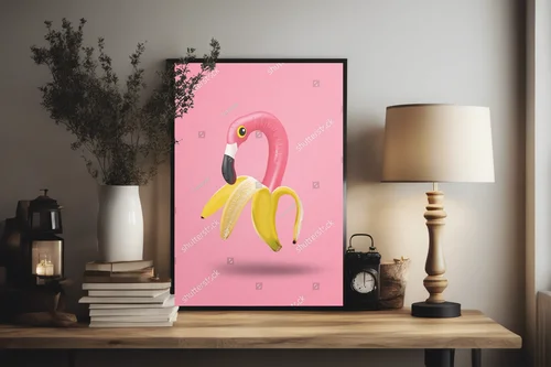 Radosny kolaż sztuki współczesnej z flamingiem