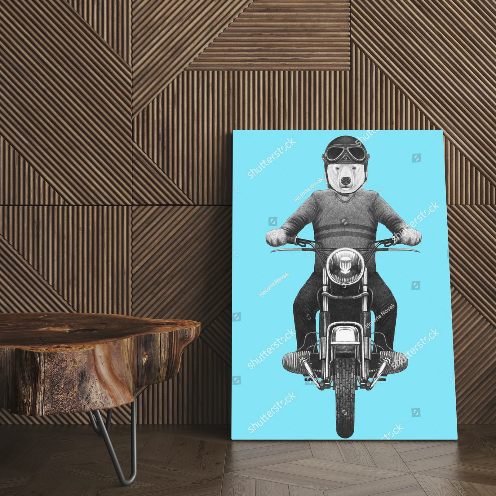 Zimowy portret białego niedźwiedzia na motocyklu