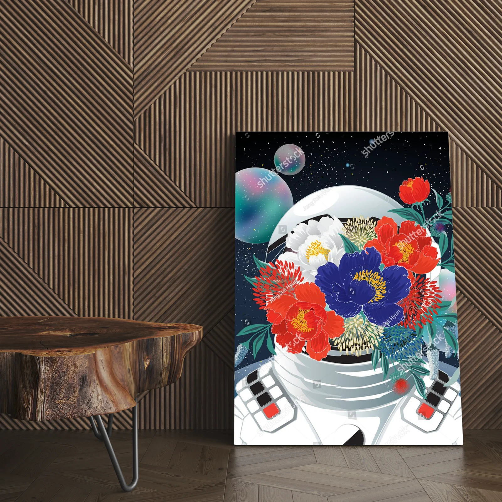 Astronautka w kwiecistej aranżacji kosmicznej