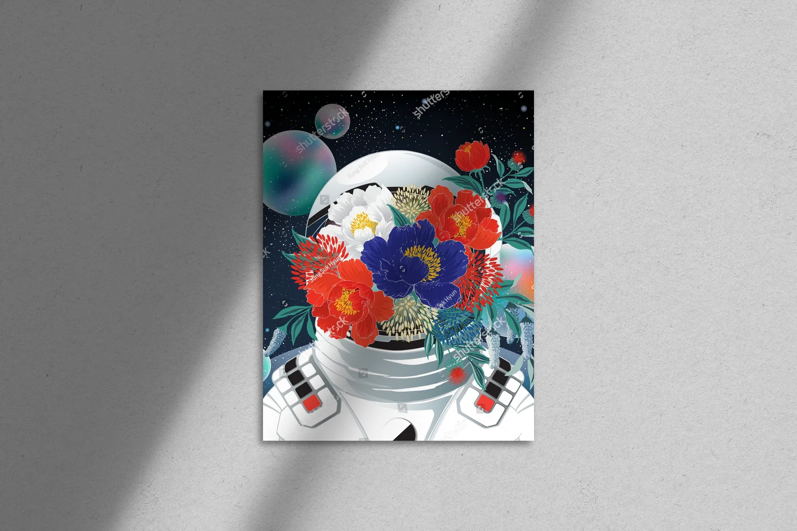 Astronautka w kwiecistej aranżacji kosmicznej