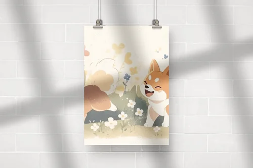 Urocze Shiba na tle kwitnącego ogrodu