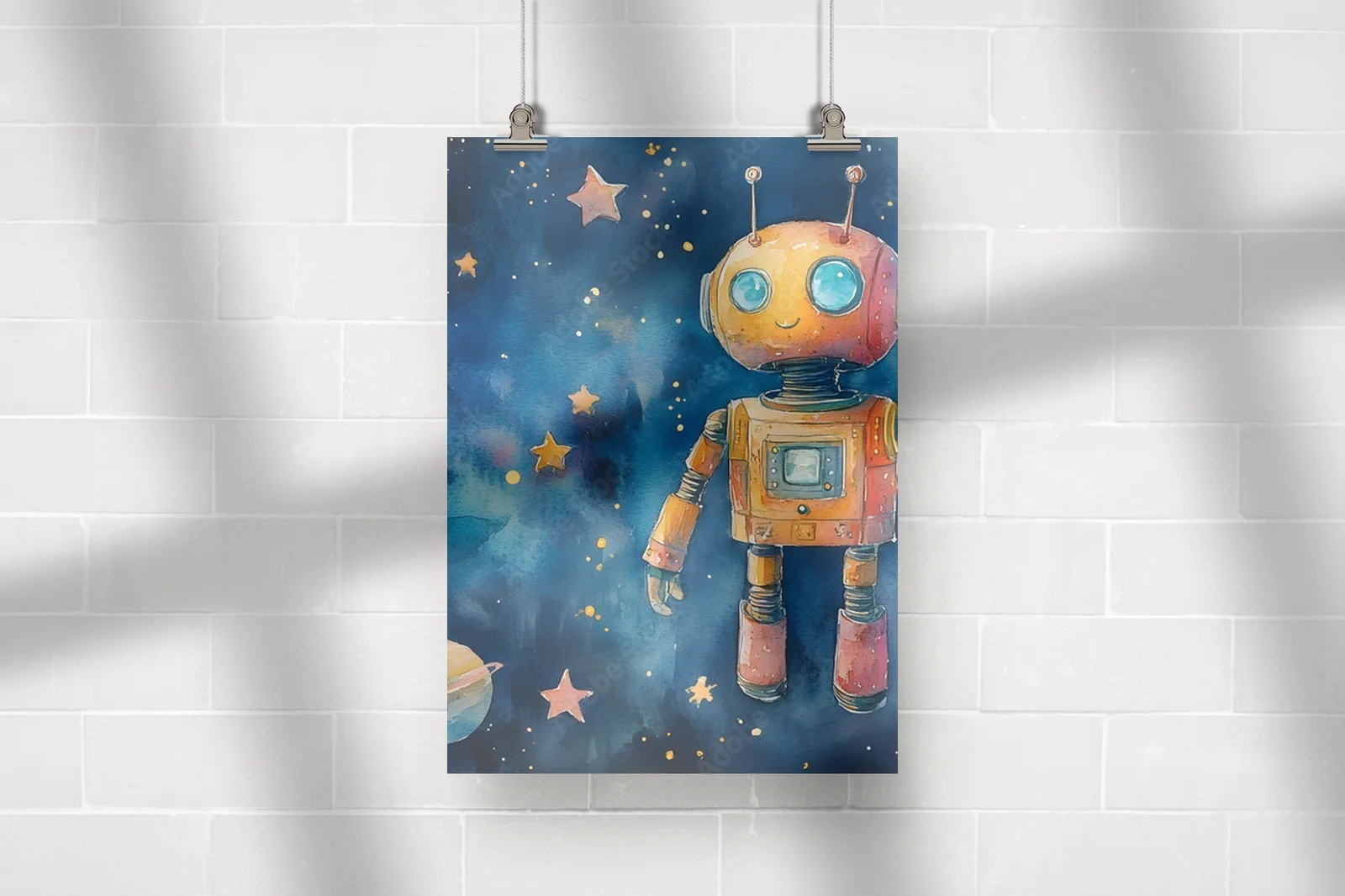 Wesoły robot w pastelowym kosmosie
