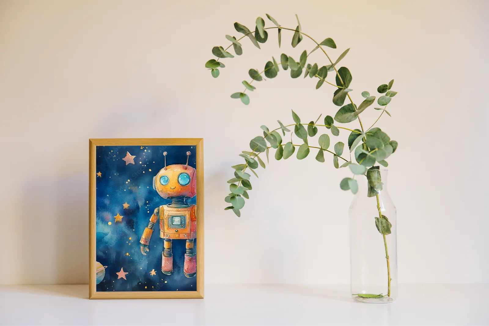 Wesoły robot w pastelowym kosmosie