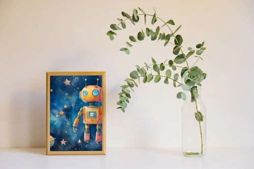 Wesoły robot w pastelowym kosmosie