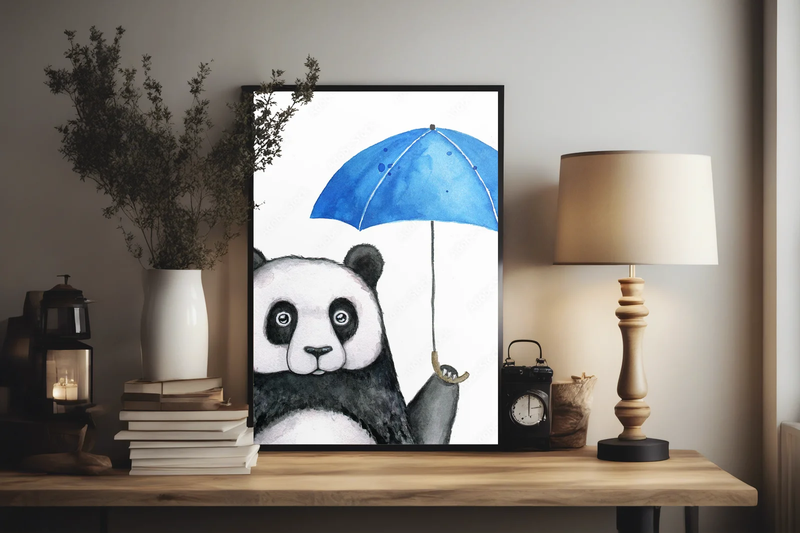Uroczy panda pod niebieskim parasolem