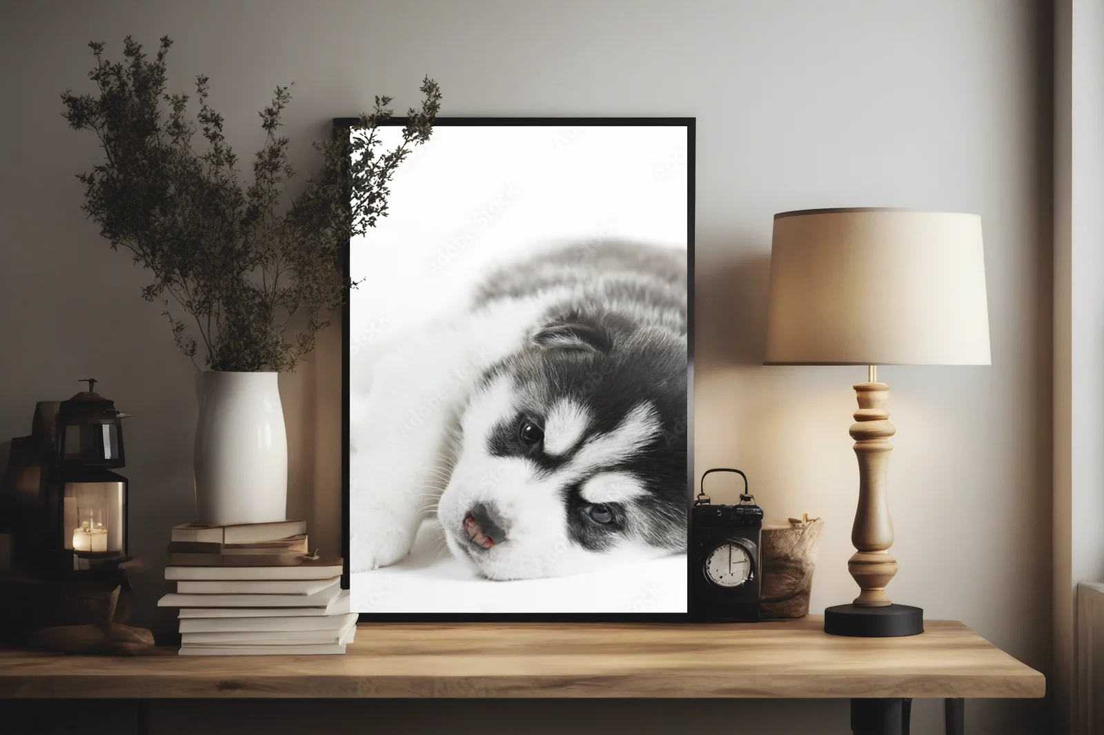Urokliwy szczeniak husky o białej sierści