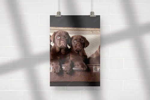 Cztery urocze szczenięta Labradorów w vintage walizce