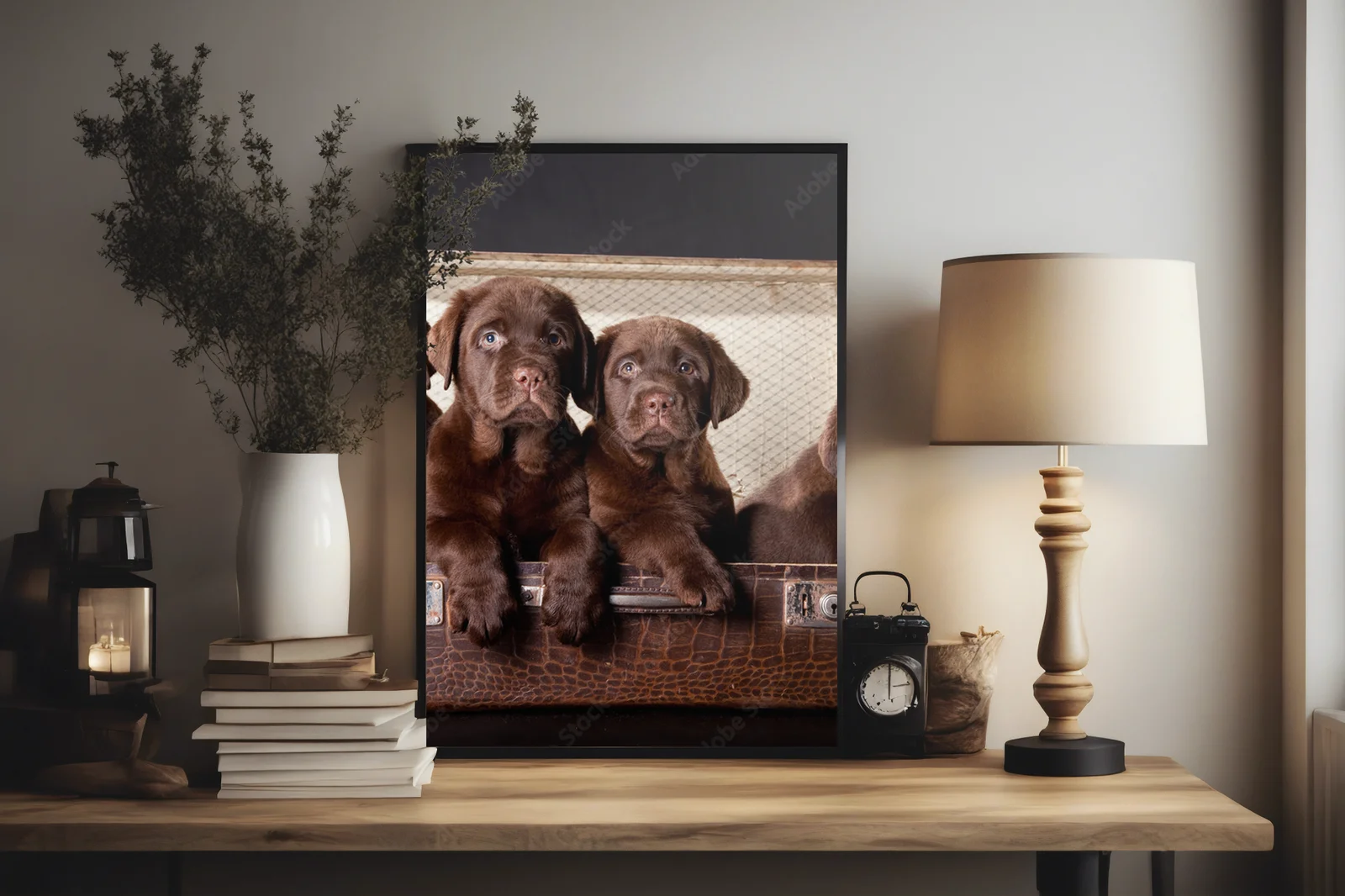 Cztery urocze szczenięta Labradorów w vintage walizce