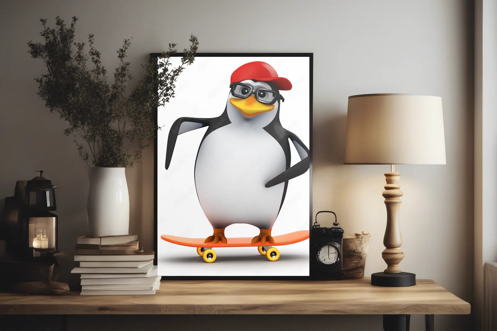 Radosny pingwin na deskorolce w sportowym stylu