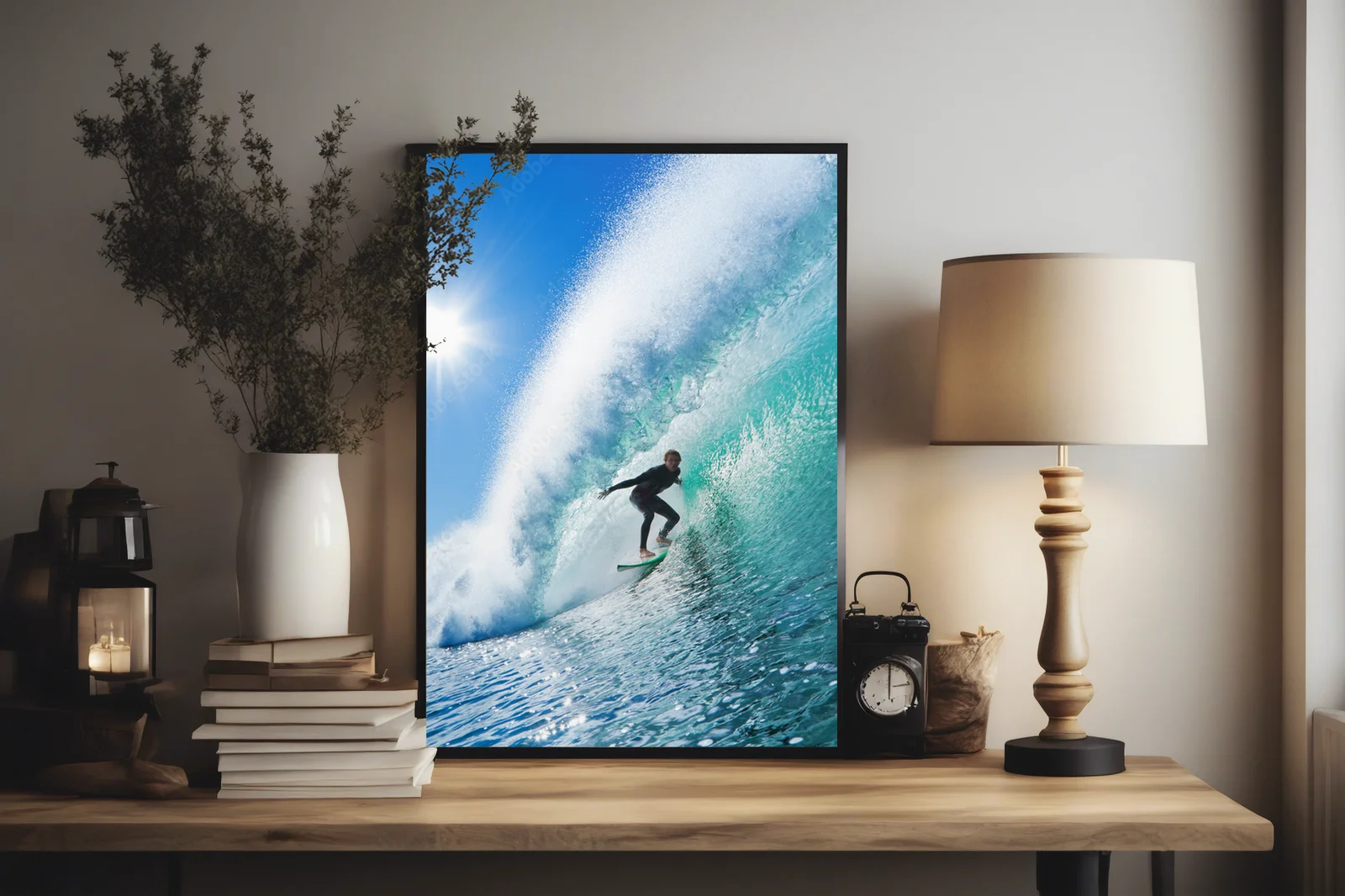 Pod niebem pełnym błękitu – surfer na oceanowej fali