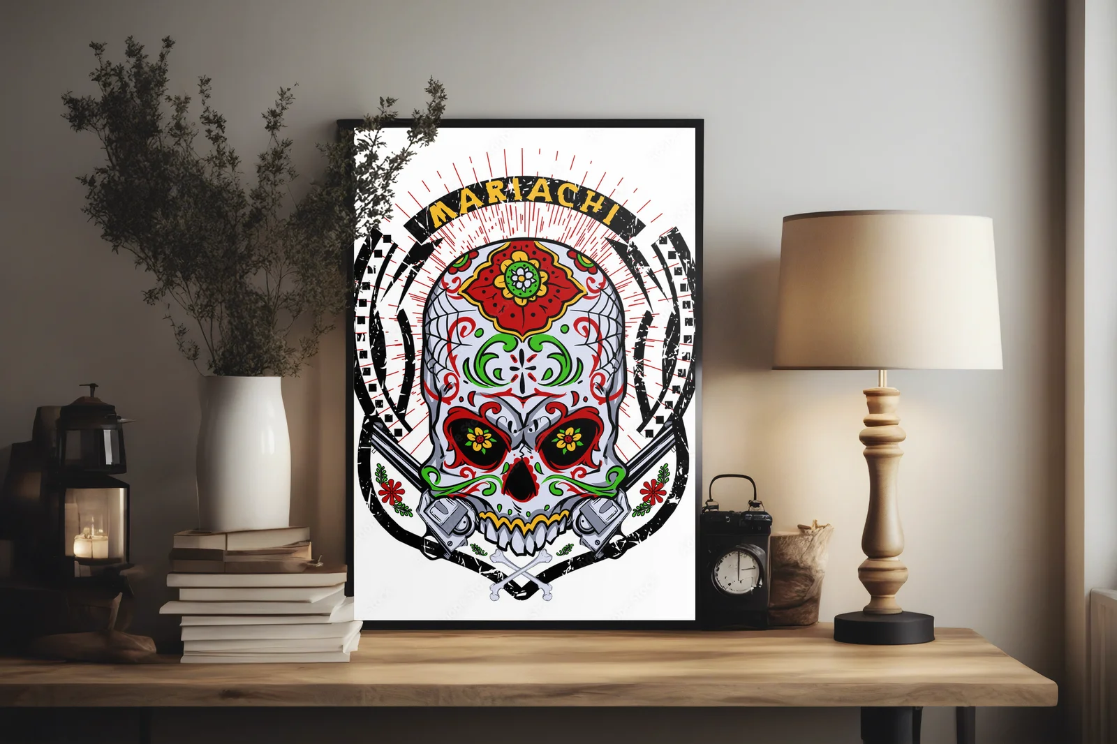 Mariachi skull w kwiatowym stylu w bieli
