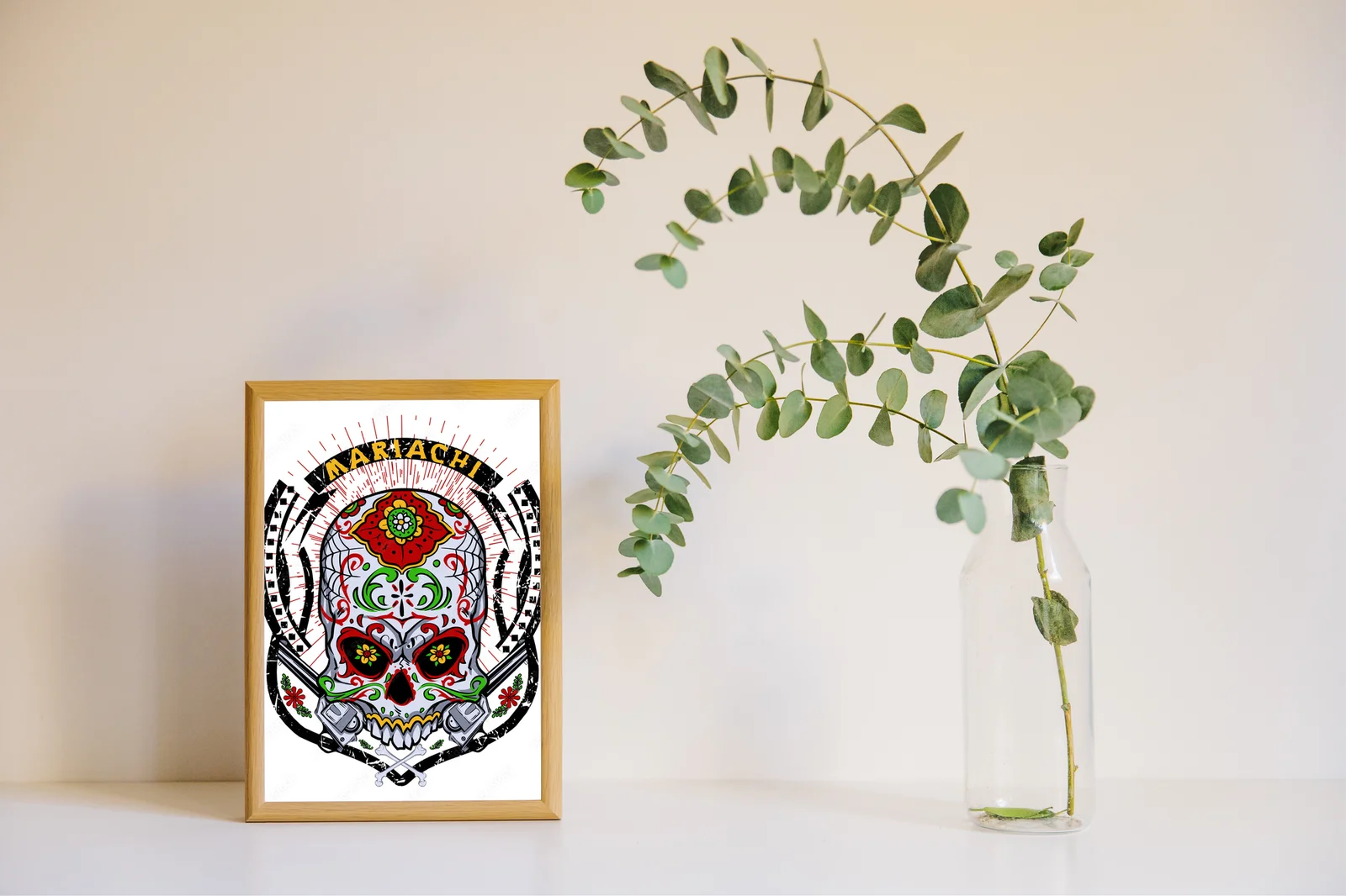 Mariachi skull w kwiatowym stylu w bieli