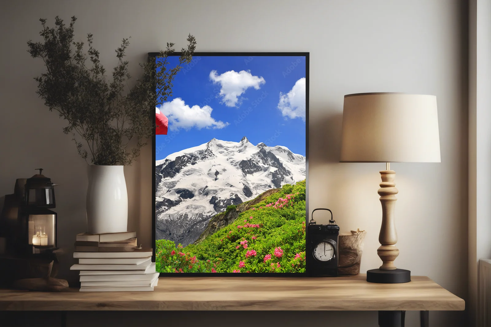 Zimowy krajobraz Monte Rosa z flagą Szwajcarii