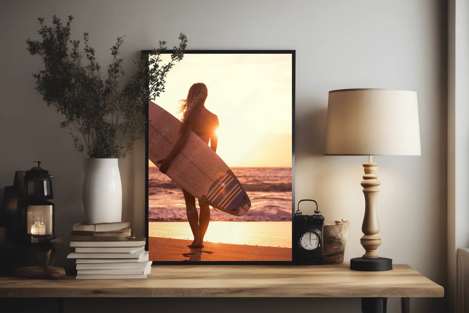 Sylwetka surferki o zachodzie słońca na plaży