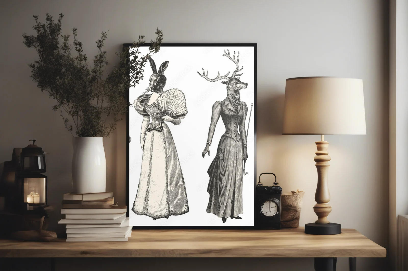 Eleganckie kobiety z głowami zwierząt w białej aranżacji