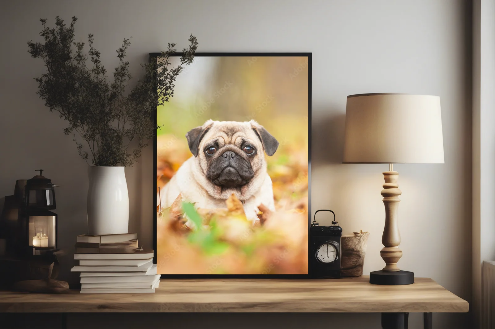 Beżowy pug na liściach w jesiennej scenerii