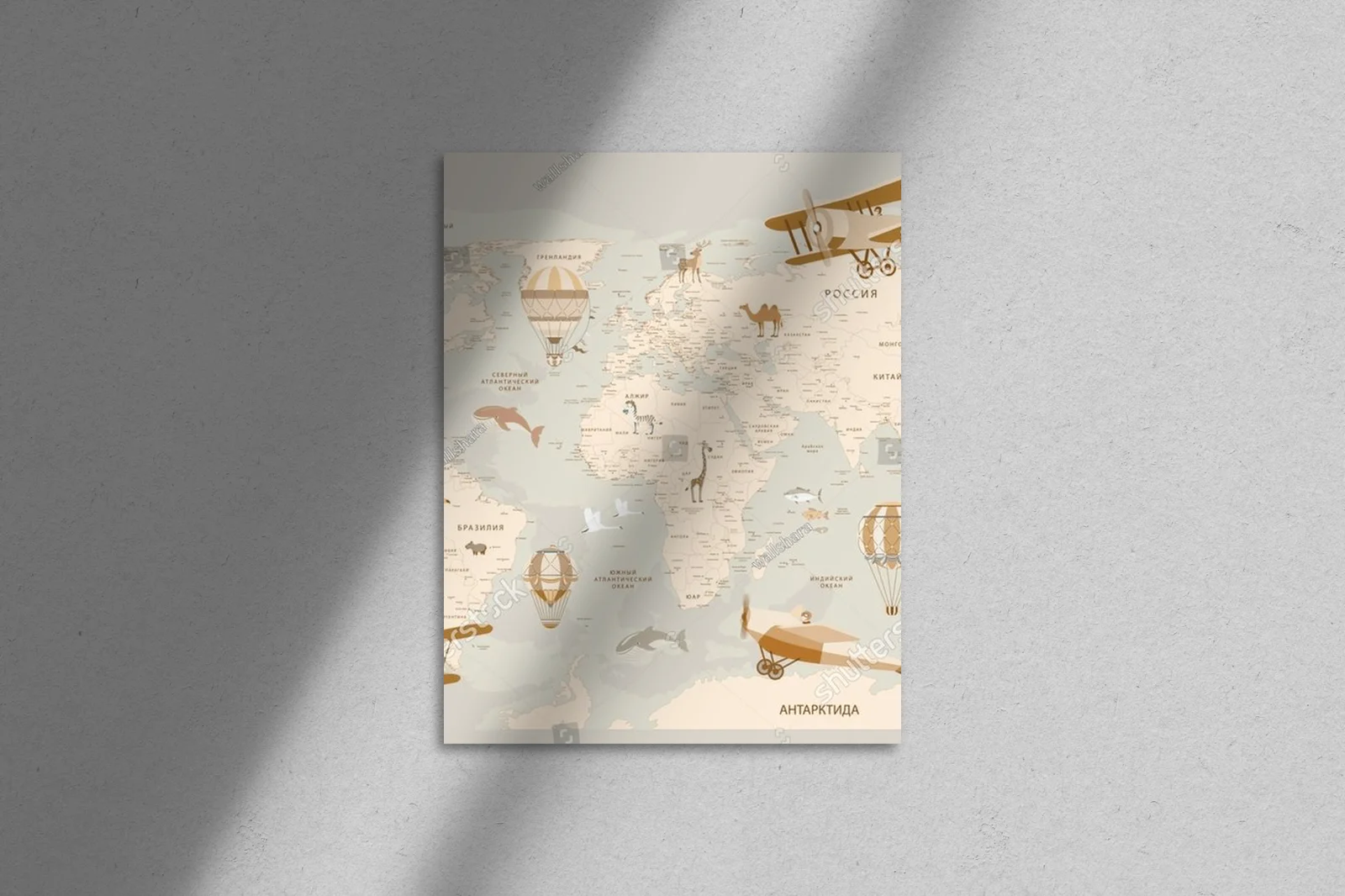 Retro mapa świata z samolotami i balonami