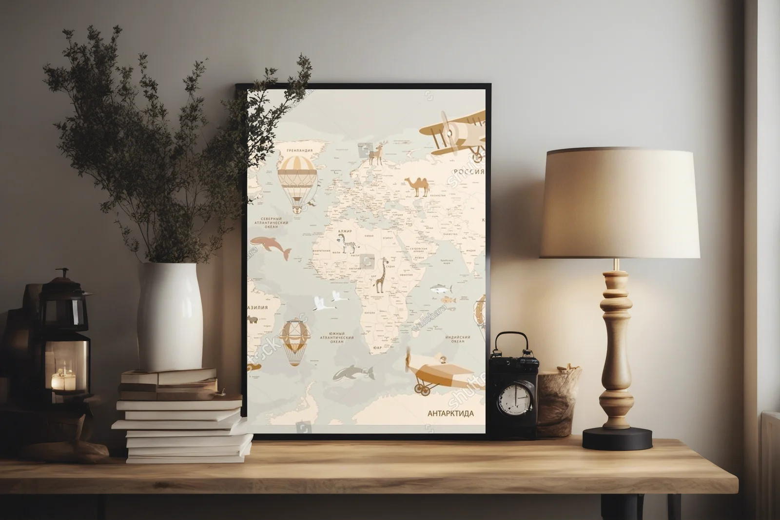 Retro mapa świata z samolotami i balonami