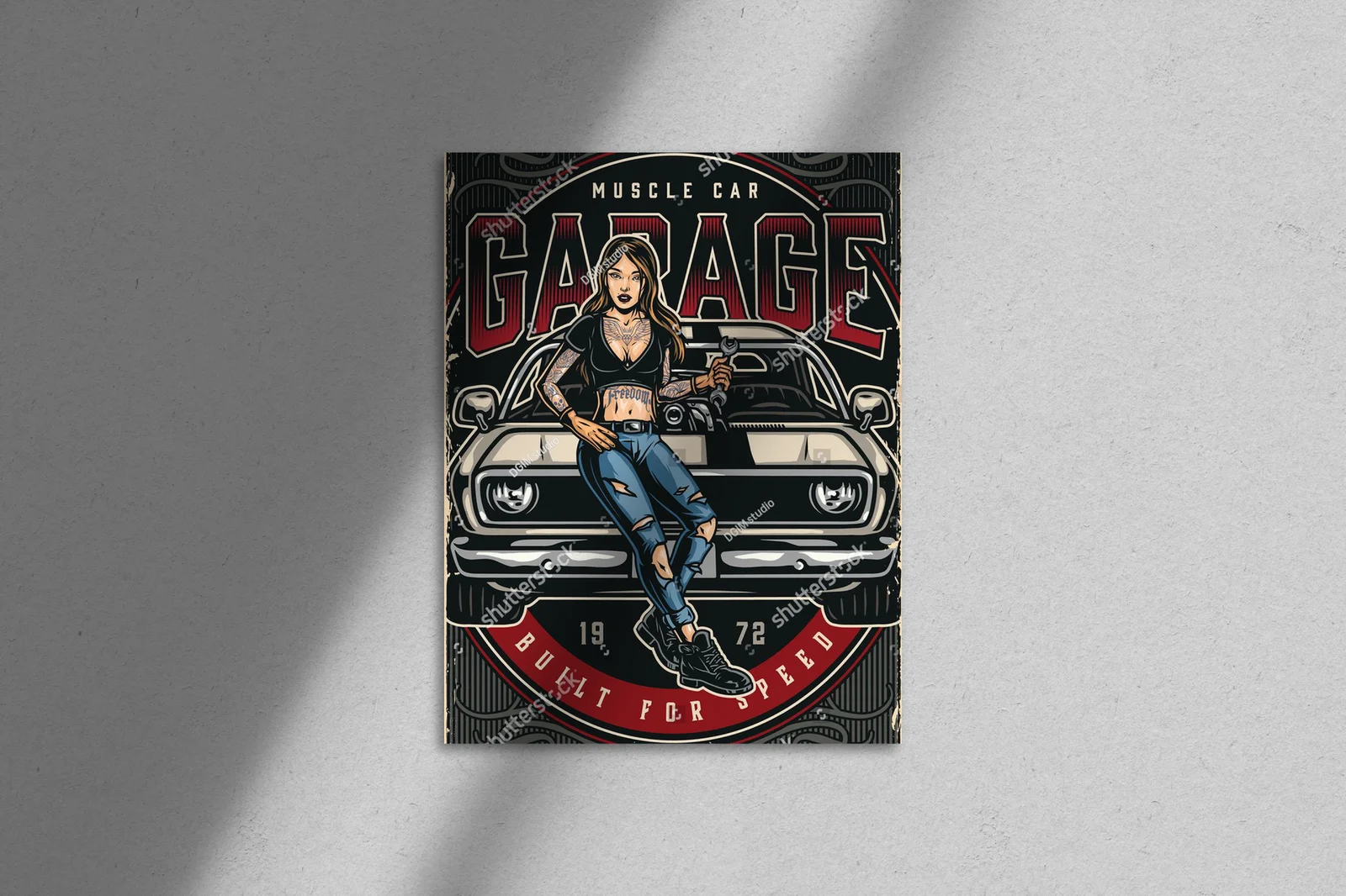 Kolorowa kompozycja muscle cars w retro klimacie