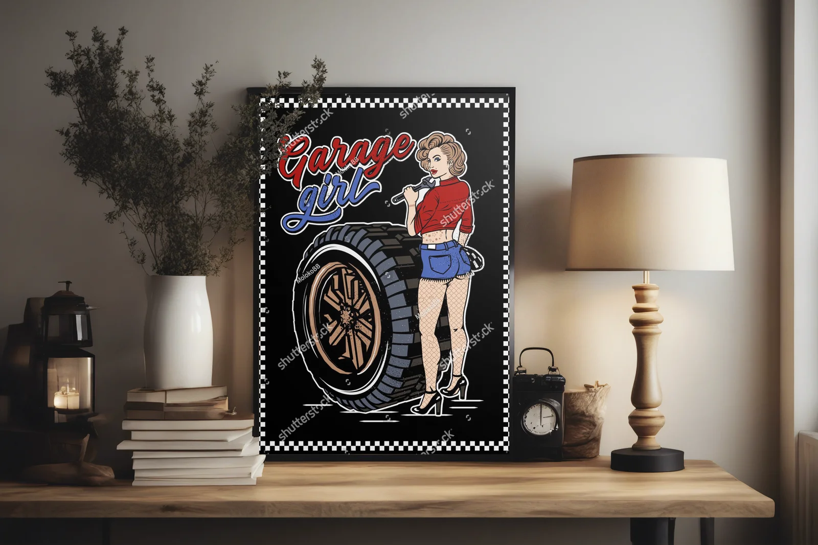 Energiczna pin-up dziewczyna na tle motocyklowego szaleństwa