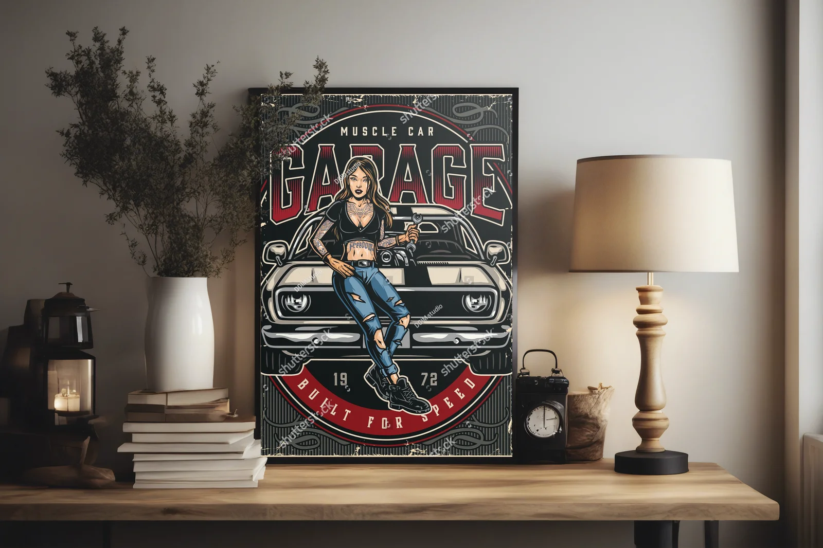 Kolorowa kompozycja muscle cars w retro klimacie